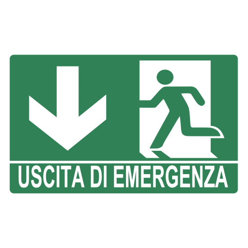 Cartello segnaletico USCITA EMERGENZA FRECCIA VERSO IN BASSO - cod. art. A01132 - cod. A01132